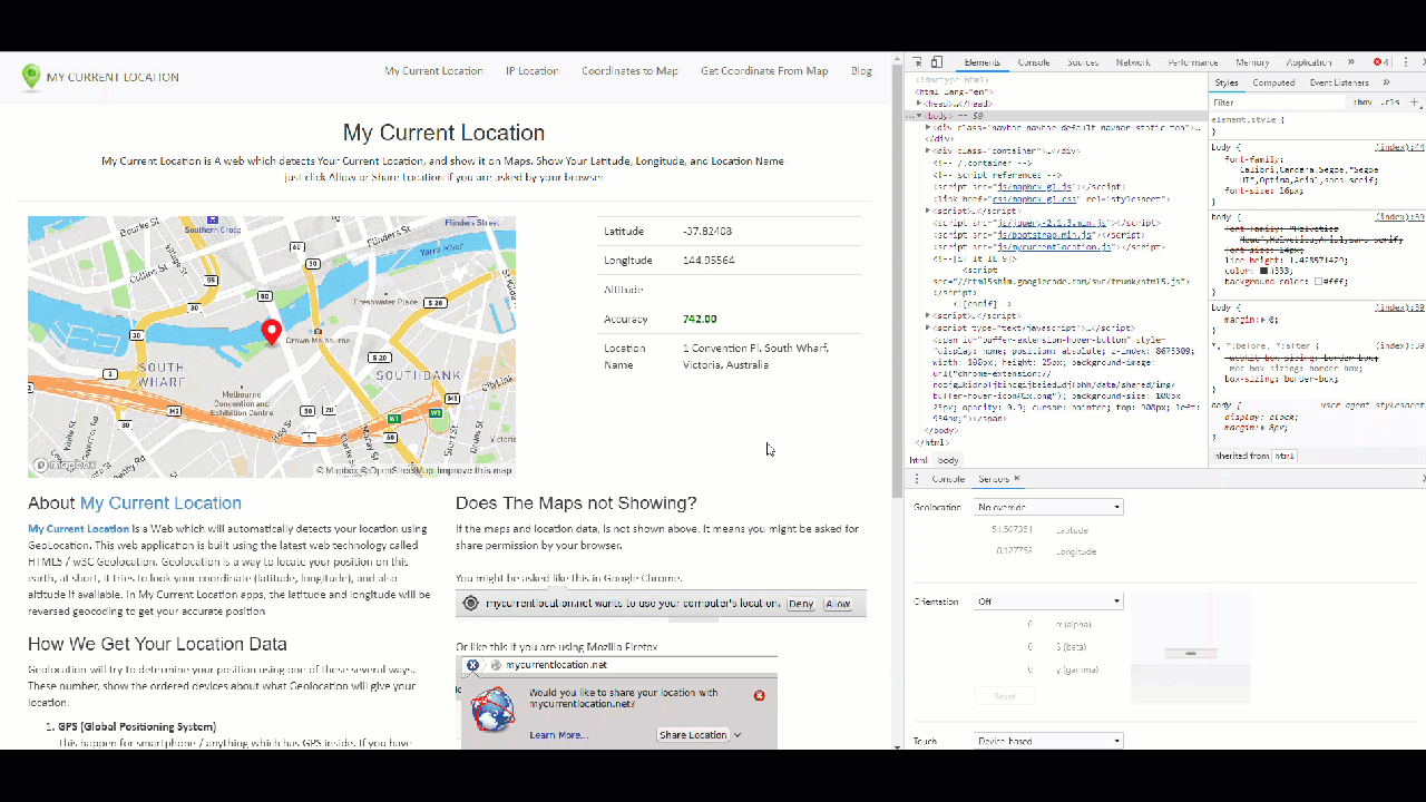 Chrome DevTools location override