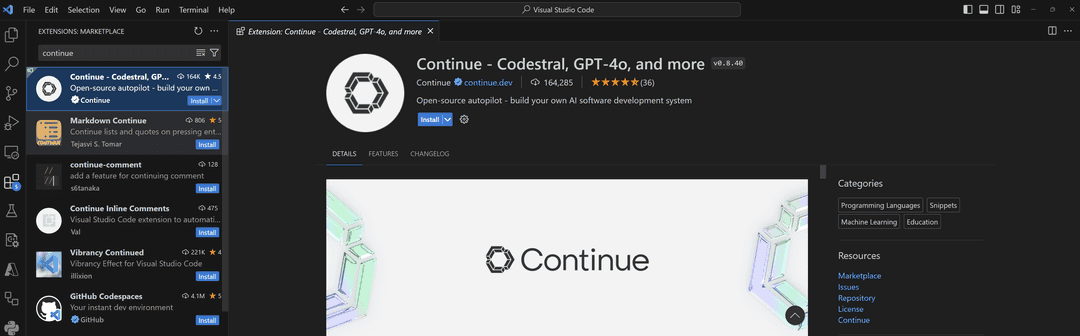 Installing continue extension in VS Code