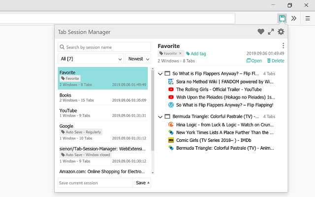 Chrome Tab Session Manager extension