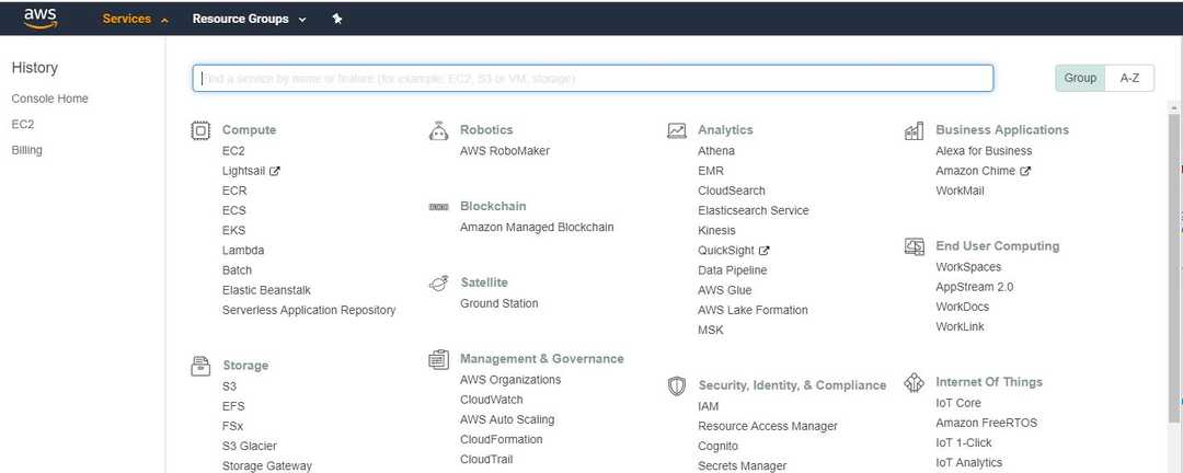 Selecting EC2 services from AWS console