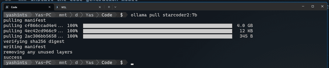 Pulling down the startcode model in Ollama